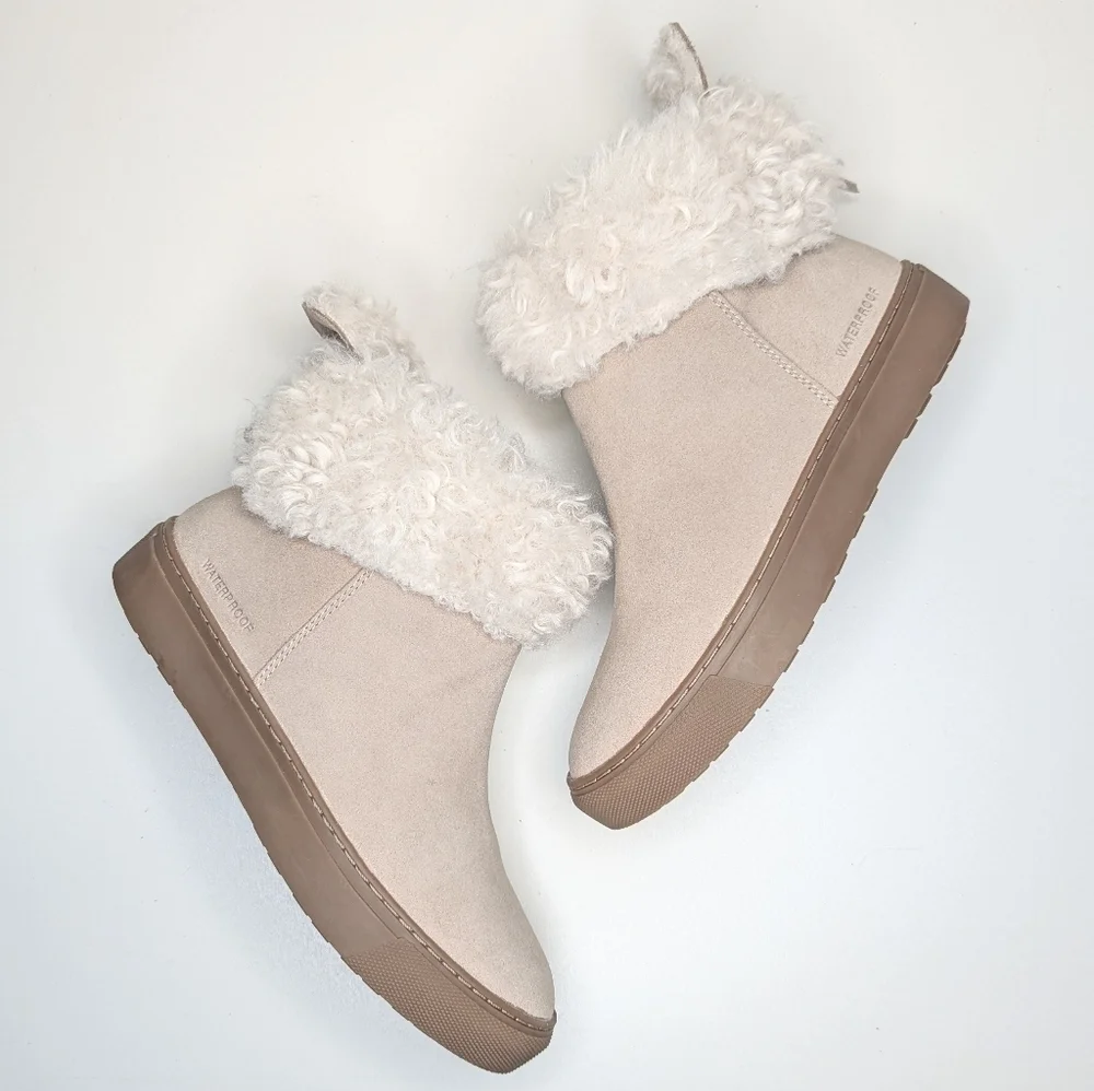 Cougar Tan Suede Faux Shearling Ankle Boots Booties Waterproof Women Size 7